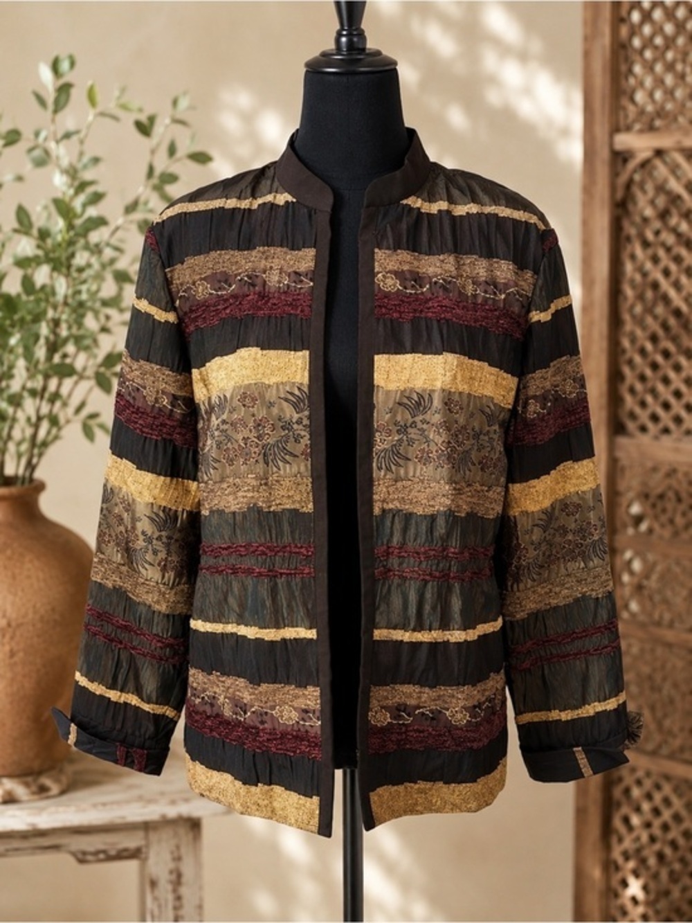 Vintage Jacquard Tapestry Jacket Brown Tan Open Front Artsy Boho Size 10